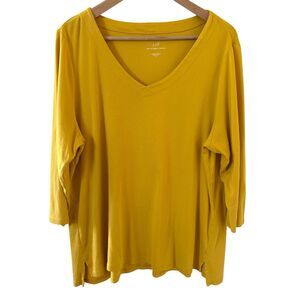 J Jill Womens Pima Cotton‎ Top VNeck Size XL Yellow Boho Comfort Capsule Preppy